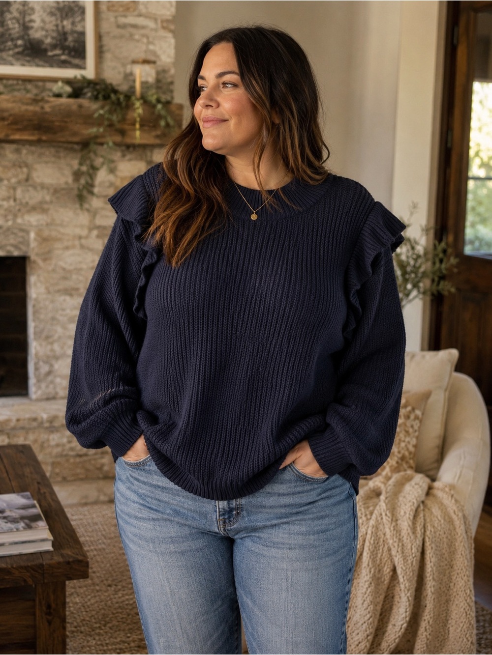 Crown & Ivy Hearts Aplenty Navy Ruffle Shoulder Chunky Knit Sweater XL NWT